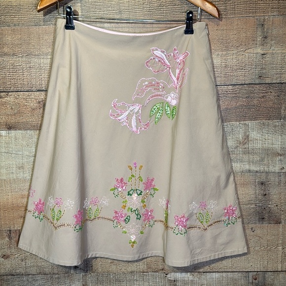 Basil & Maude Dresses & Skirts - Basil & Maude Khaki Lily Beaded Skirt size 6 A-Line Statement Vintage-inspired